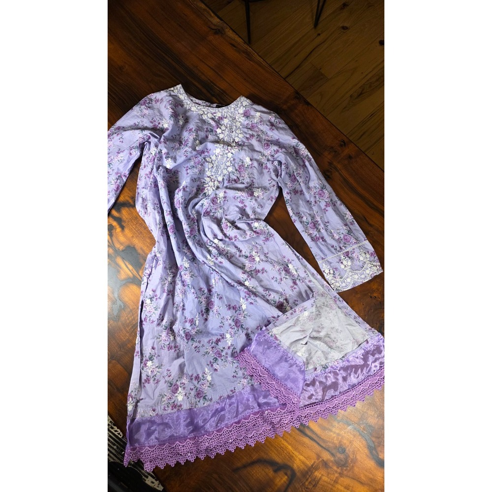 Limelight Purple Floral Cotton Kurta Embroidered Lace Tunic Top Festival
